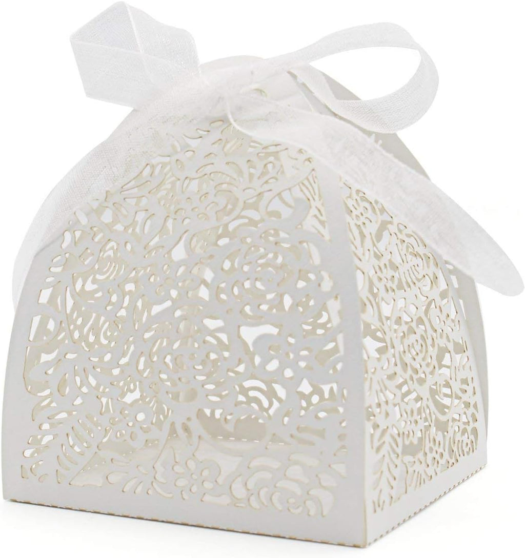 Pack of 100 Laser Cut Rose Candy Boxes, Favor Boxes 2.5"x 2.5"x 3.1", Gift Boxes Bridal Shower Anniverary Birthday