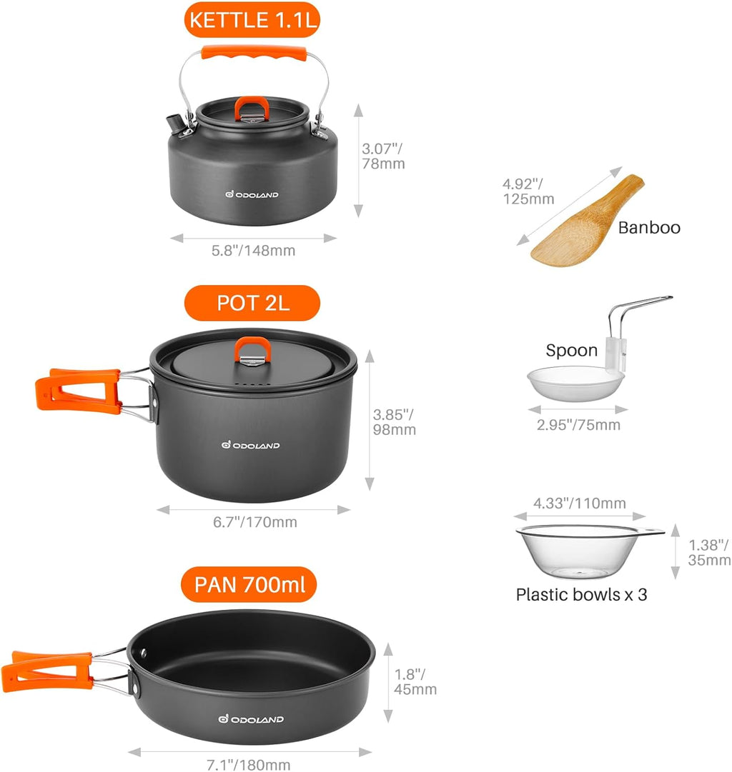 10pcs Camping Cookware Camping Pots and Pans Set with Kettle Plastic Bowls and Soup Spoon for Camping, Backpacking