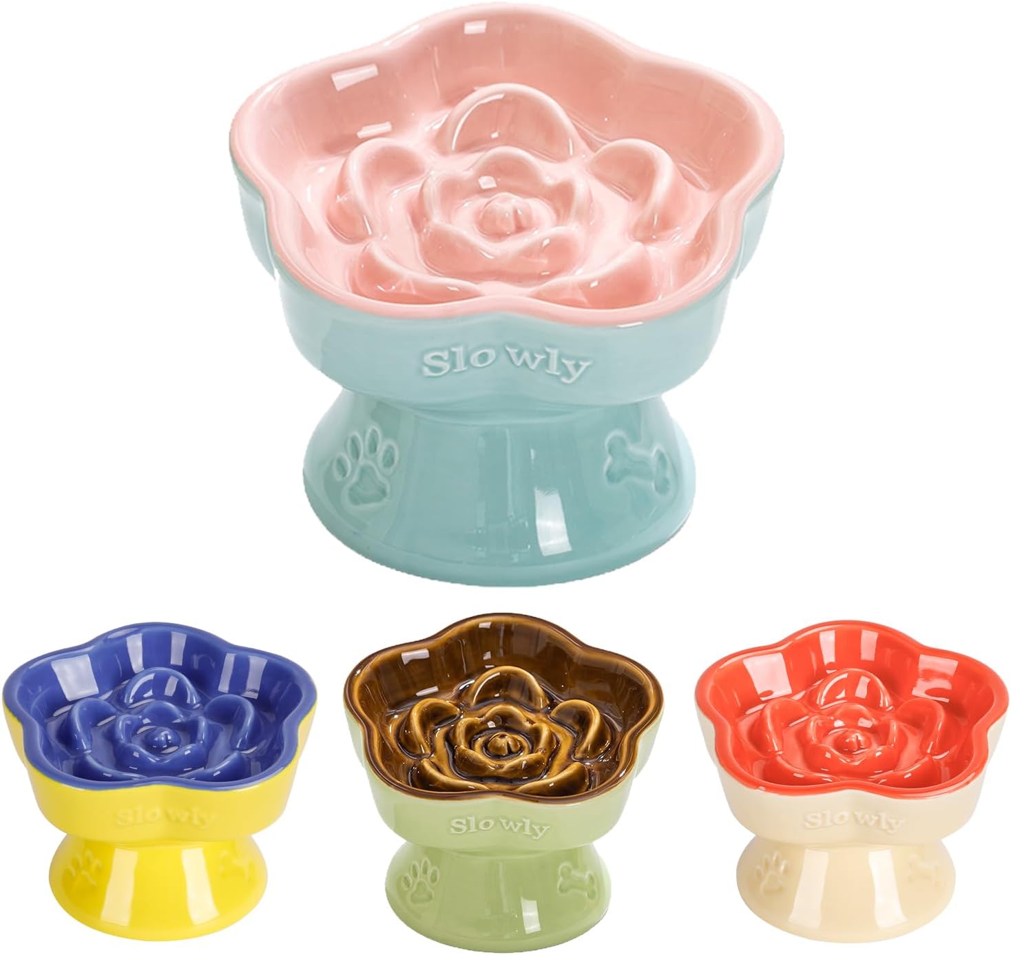 Raised Slow Feeder Cat Bowl, Ceramic Elevated and Titled Glass Food Bowl Small Dogs Slow Feeder, Flower Shaped Cute