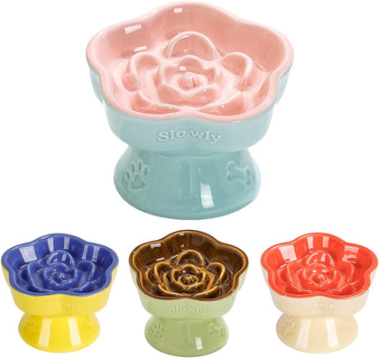 Raised Slow Feeder Cat Bowl, Ceramic Elevated and Titled Glass Food Bowl Small Dogs Slow Feeder, Flower Shaped Cute