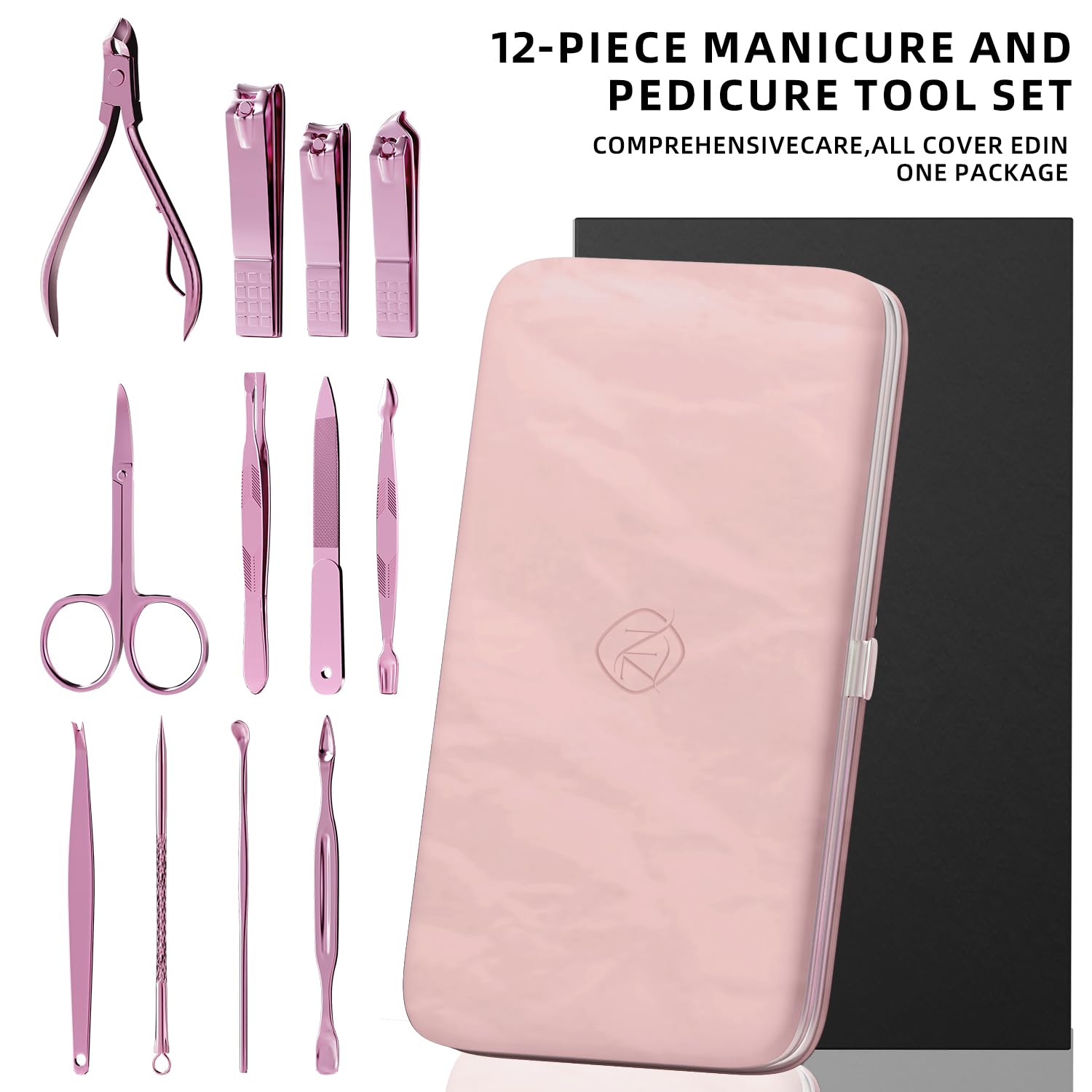 Professional Nail Care Kit, 12-Piece Manicure & Pedicure Grooming Set with Travel Case, Stainless Steel Nail