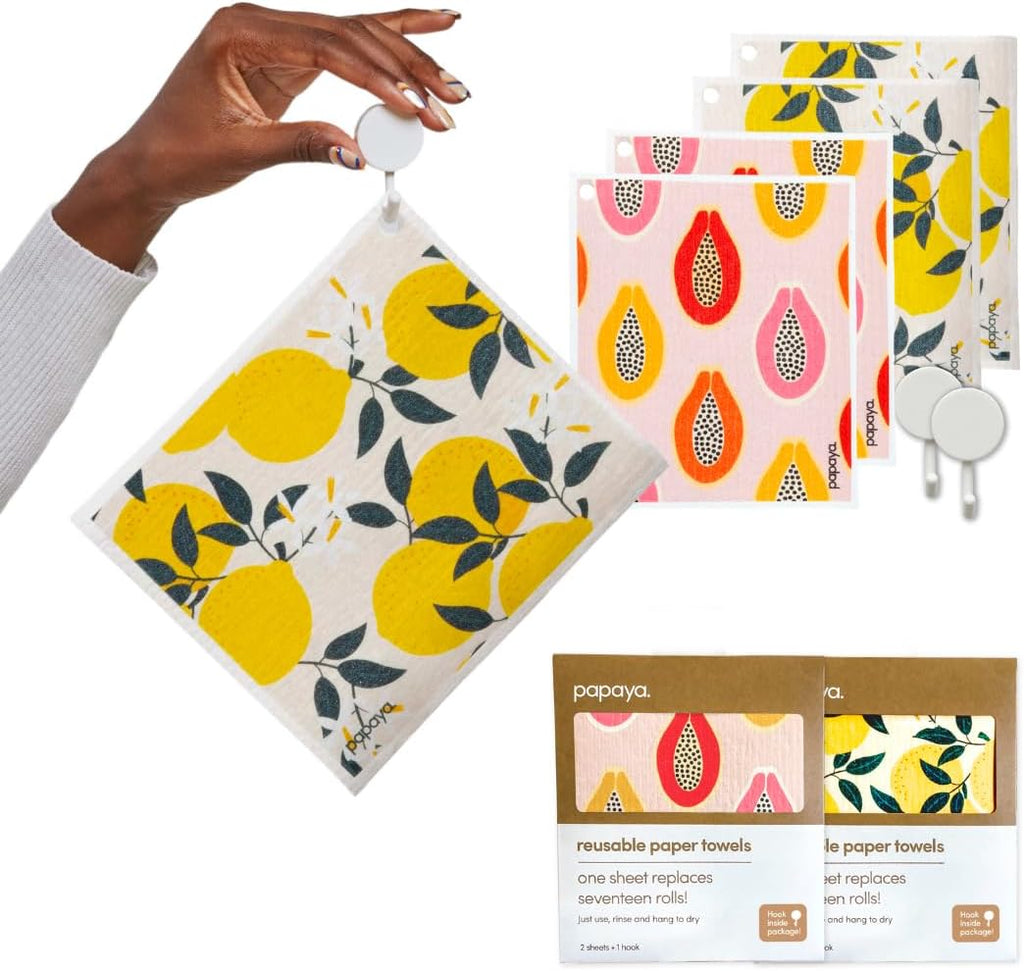 Swedish Dishcloths for Kitchen, 4 Reusable Paper Towels, 2 Hooks