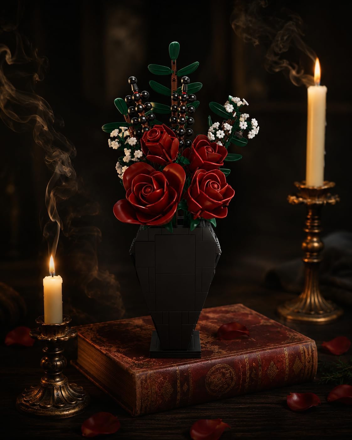 Bricktanicals Midnight Flower Bouquet Building Set, Gothic Blood Rose Halloween Arrangement with Coffin Vase