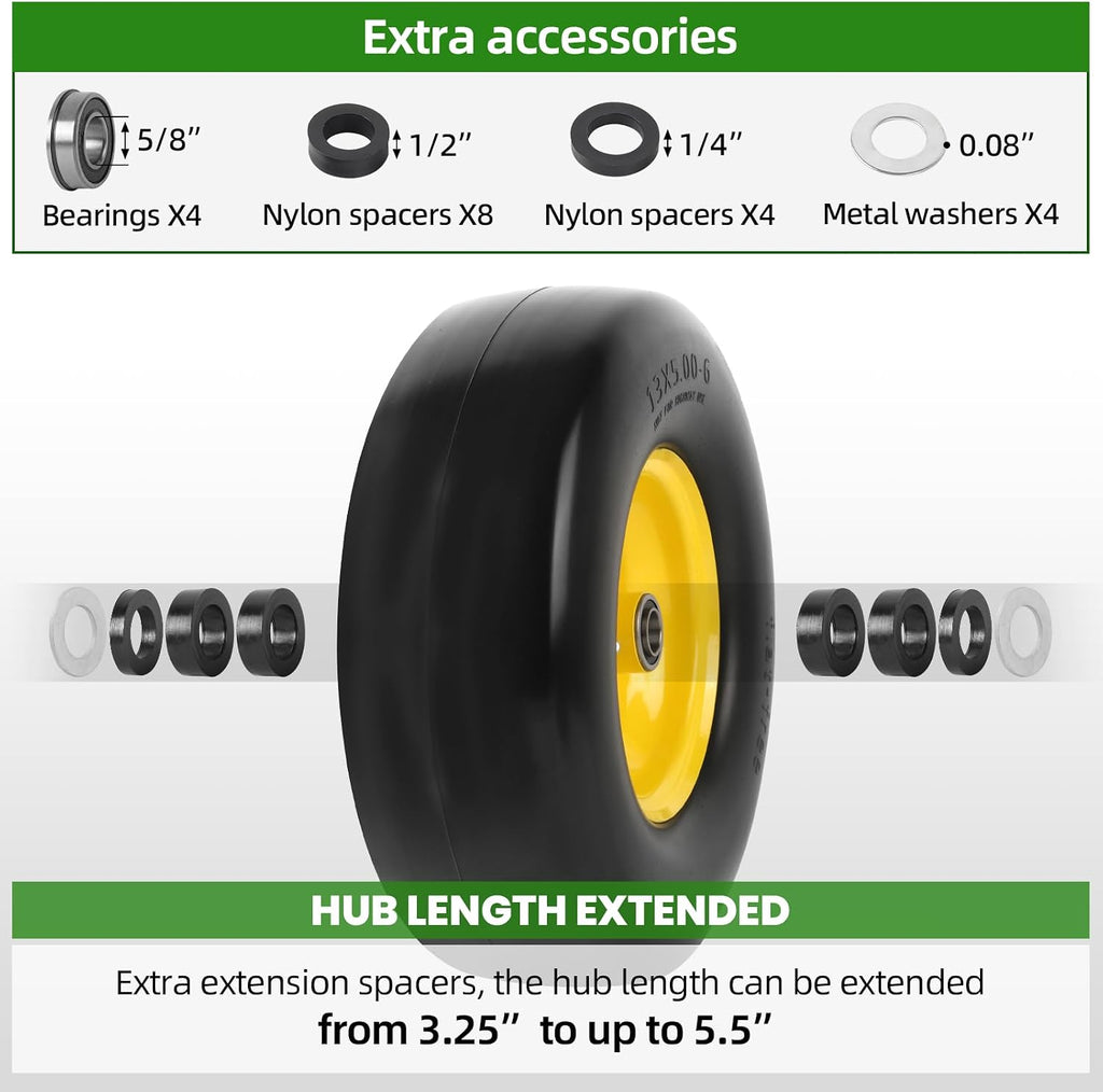 (2-Pack) 13x5.00-6 Flat Free Lawn Mower Tire and Wheel- Solid Smooth Tread Replacement Front Tire for Riding Zero
