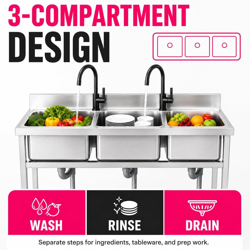 Small 3 Compartment Sink, 304 Stainless Steel Commercial Sink