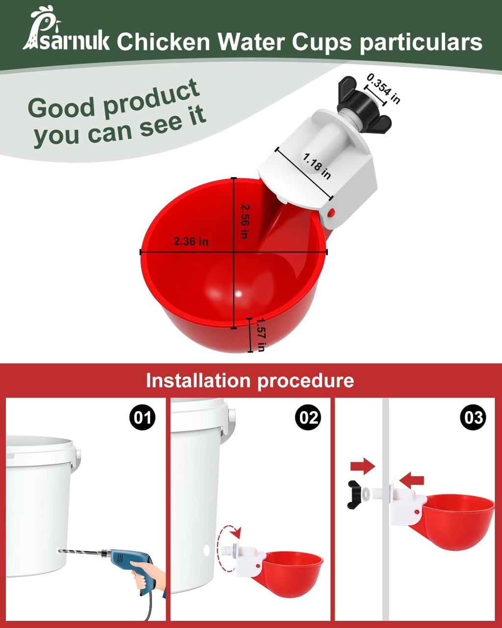 Chicken Waterer Cups (8 Pack) with 3/8" Drill Bit - Red | Automatic Poultry Drinker Feeder Kit for Chickens, Ducks