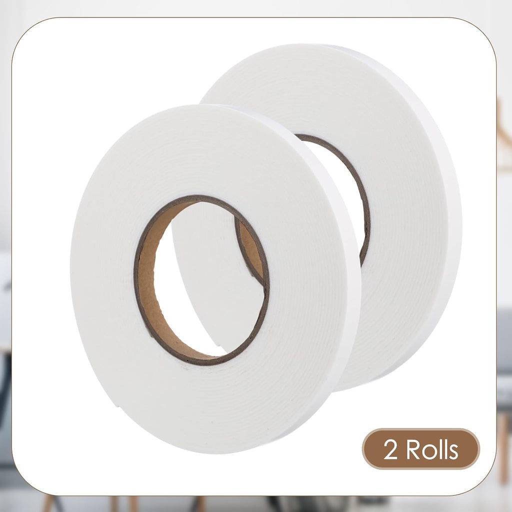 2 Rolls Double Sided Foam Tape for Mounting,1/2 Inch by 33 Feet,White