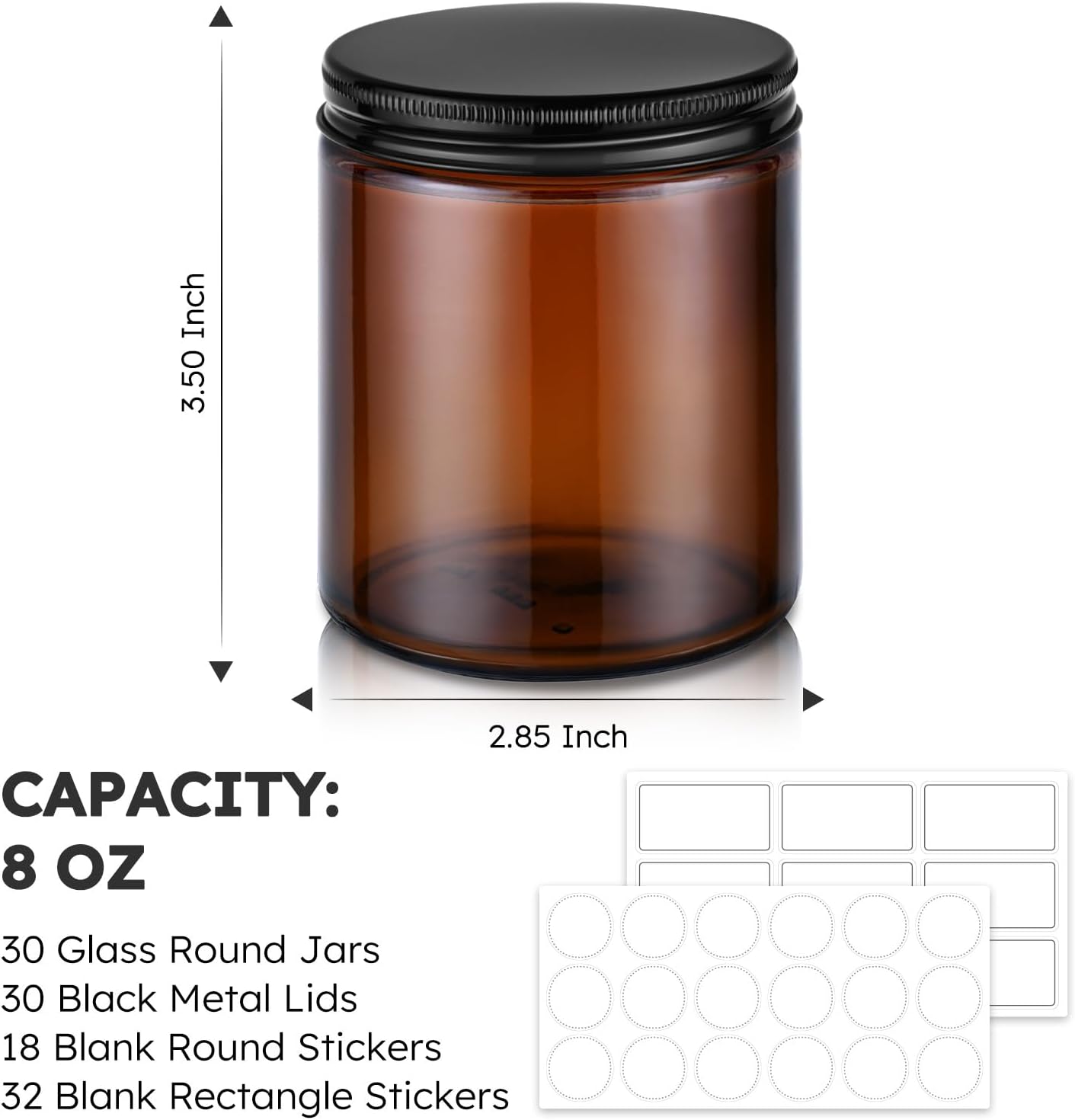8oz Glass Jars with Lids, 30 Pcs Amber Candle Jars for Making Candles | Empty Airtight Round Cosmetic Containers with