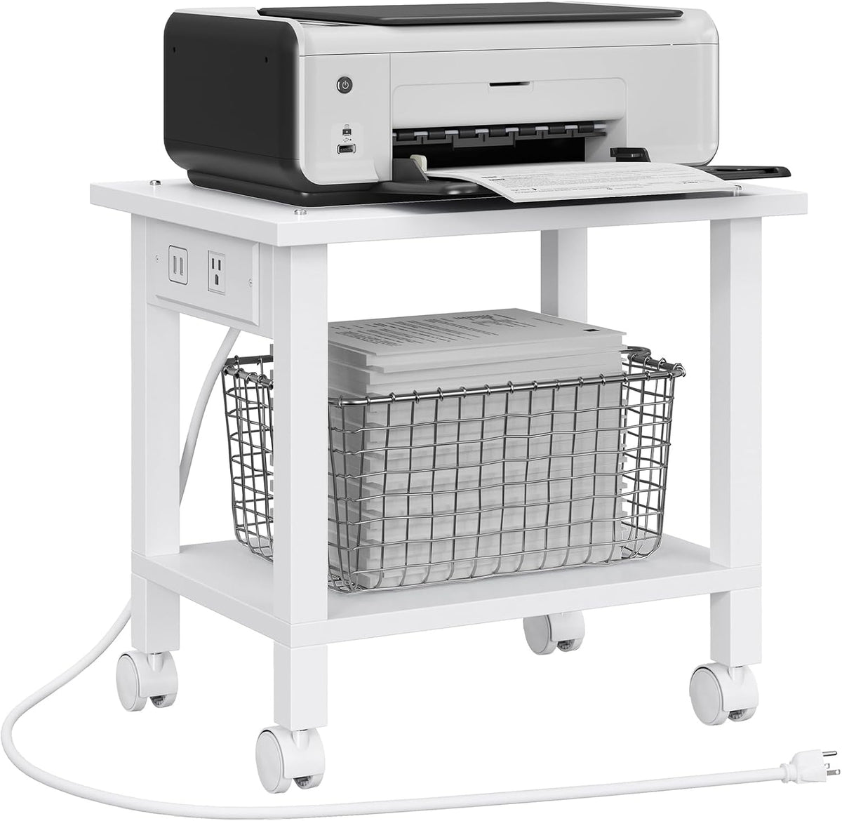 Printer Stand, 2 Tier Rolling Printer Cart with Charging Station | Small Under Desk Printer Table with Wheels for