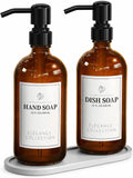 Amber Glass Soap Dispenser 2 Pack, 16 Fl Oz, 14 Waterproof Labels | Leak-Resistant Stainless Steel Pump, Non-Slip