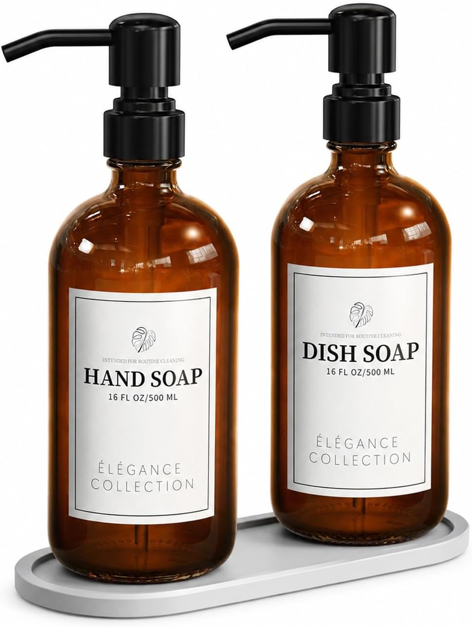 Amber Glass Soap Dispenser 2 Pack, 16 Fl Oz, 14 Waterproof Labels | Leak-Resistant Stainless Steel Pump, Non-Slip