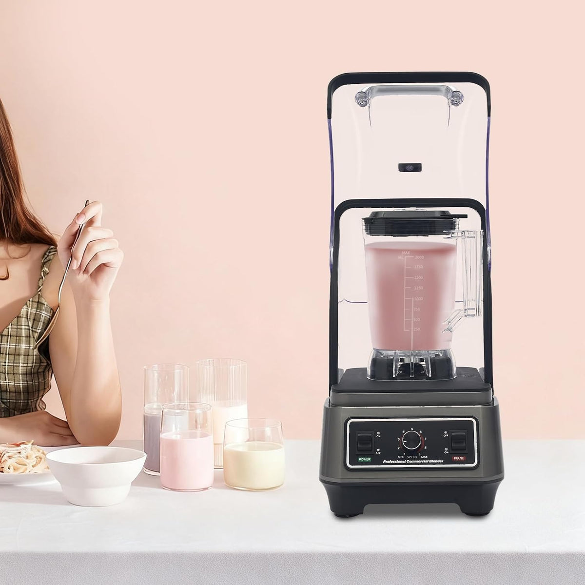 Commercial Blender, Quiet Blender with Soundproof Shield, Black for Kitchen
