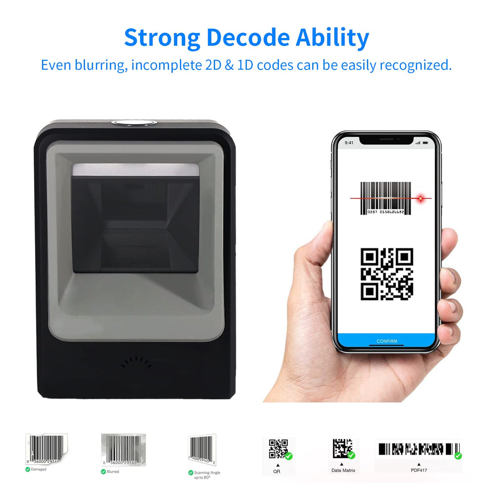 Handsfree 2D 1D Barcode Scanner, QR Omnidirectional Desktop Bar Code Reader Scanner, Capture Barcodes from Mobile