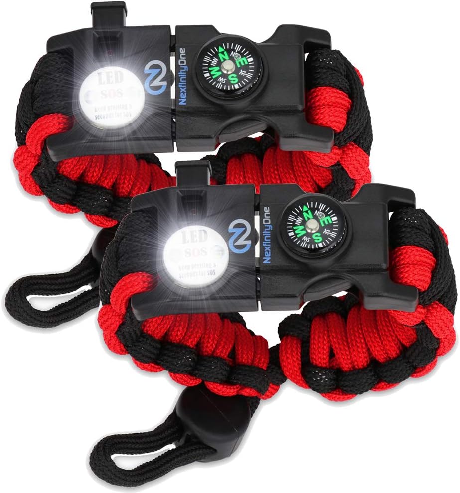 Survival Paracord Bracelet Set of 2 - SOS LED Light, Fire Starter, Compass, Whistle & Multitools - 550 Grade