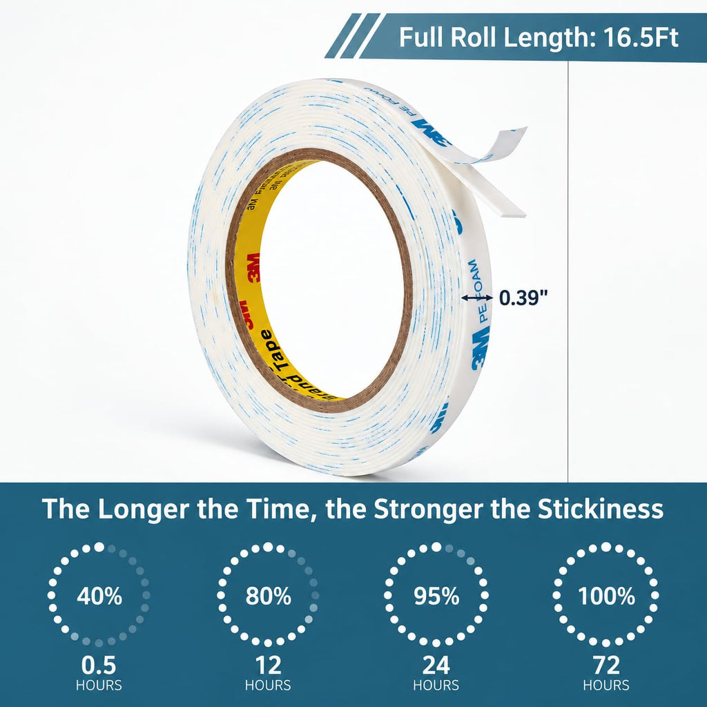 3M Double Sided Tape 0.39"×16.5Ft No Damage Removable Wall Tape, White