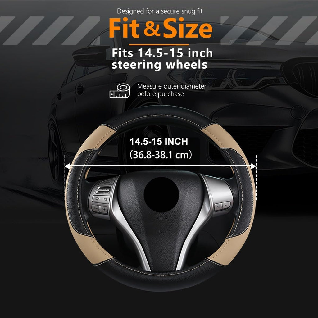 Leather Car Steering Wheel Cover, Non-Slip Car Wheel Cover Protector Breathable Microfiber Leather Universal Fit for