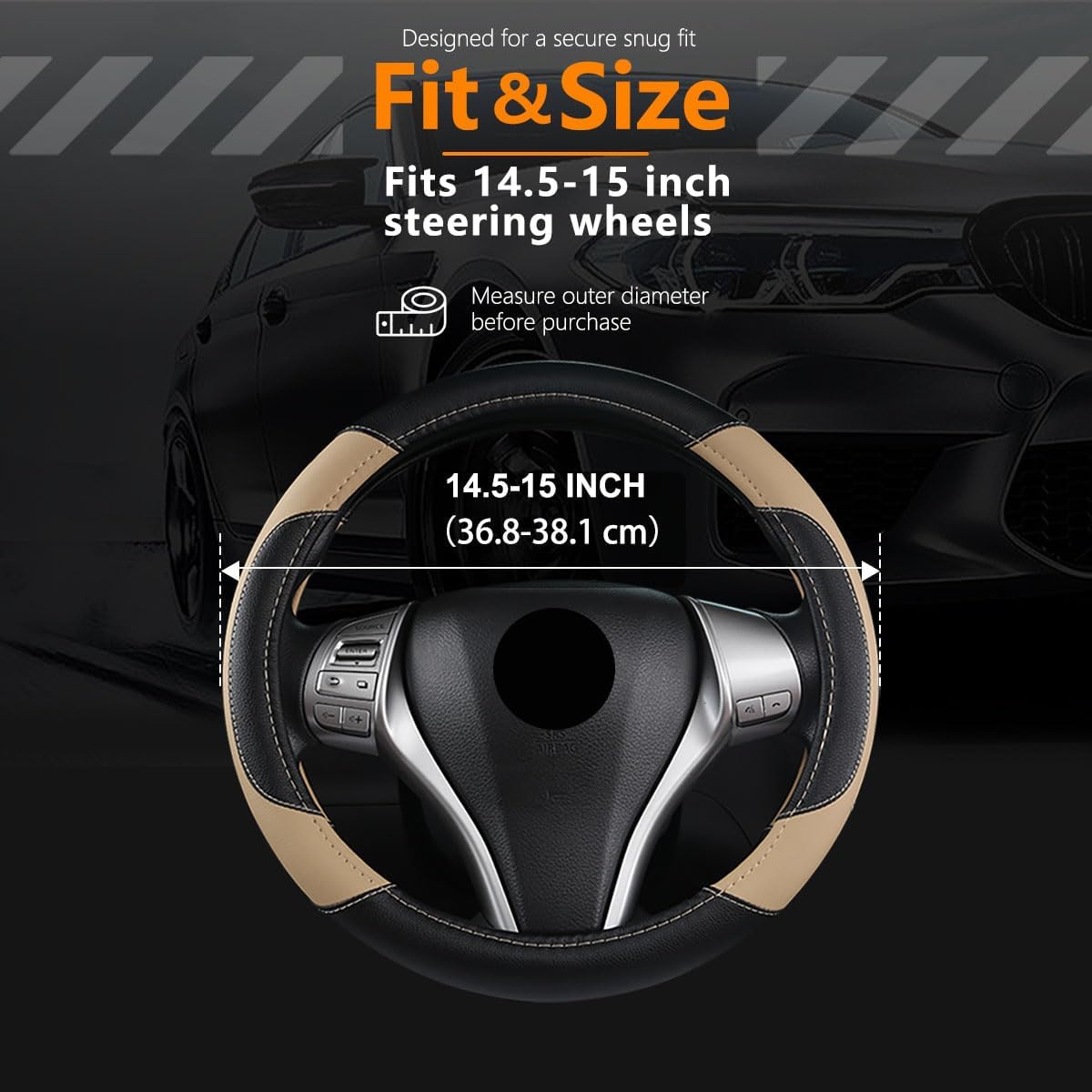 Leather Car Steering Wheel Cover, Non-Slip Car Wheel Cover Protector Breathable Microfiber Leather Universal Fit for