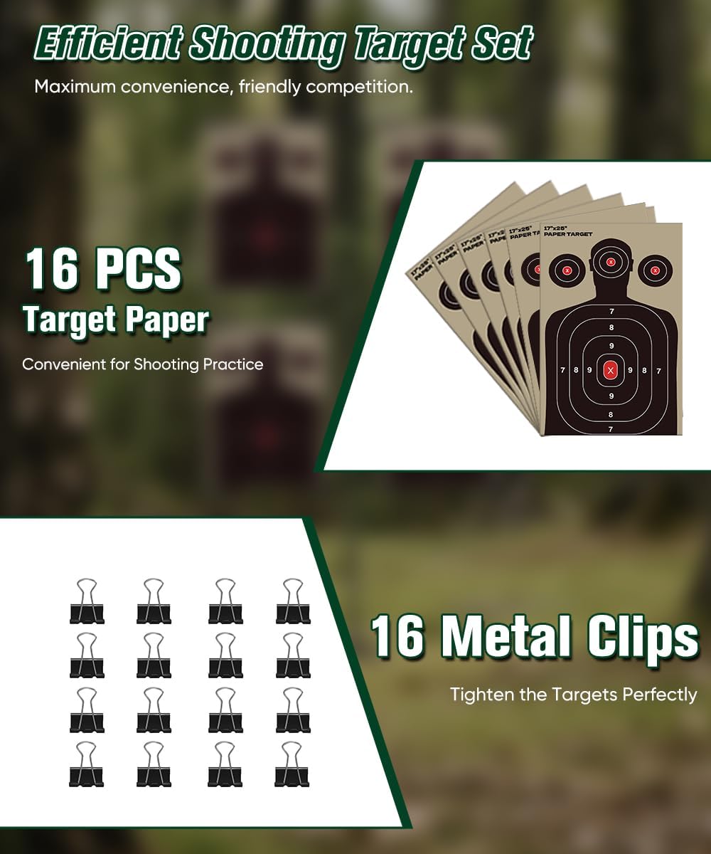 Adjustable 5-Prong Base Shooting Target Stand, Portable Steel Target Holder with 16 Clips & Target Paper, Hunting &