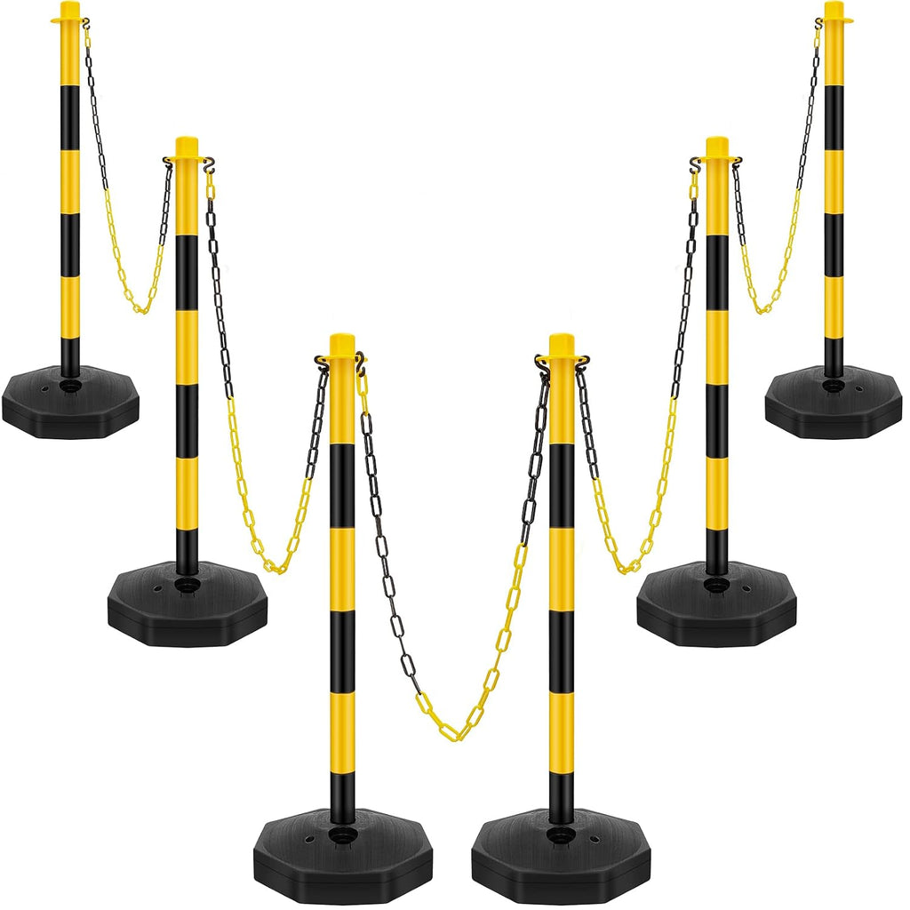 6 Sets 34 Inch Delineator Post Parking Cone Barrier,Yellow,Black | Plastic Stanchion Base 6.6 Ft Chain, Reflective