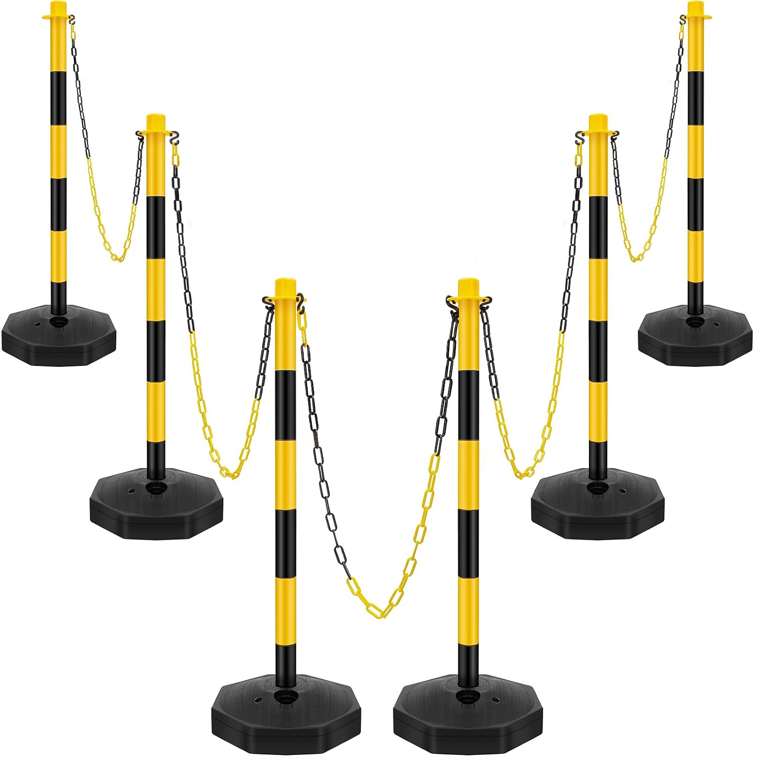 6 Sets 34 Inch Delineator Post Parking Cone Barrier,Yellow,Black | Plastic Stanchion Base 6.6 Ft Chain, Reflective