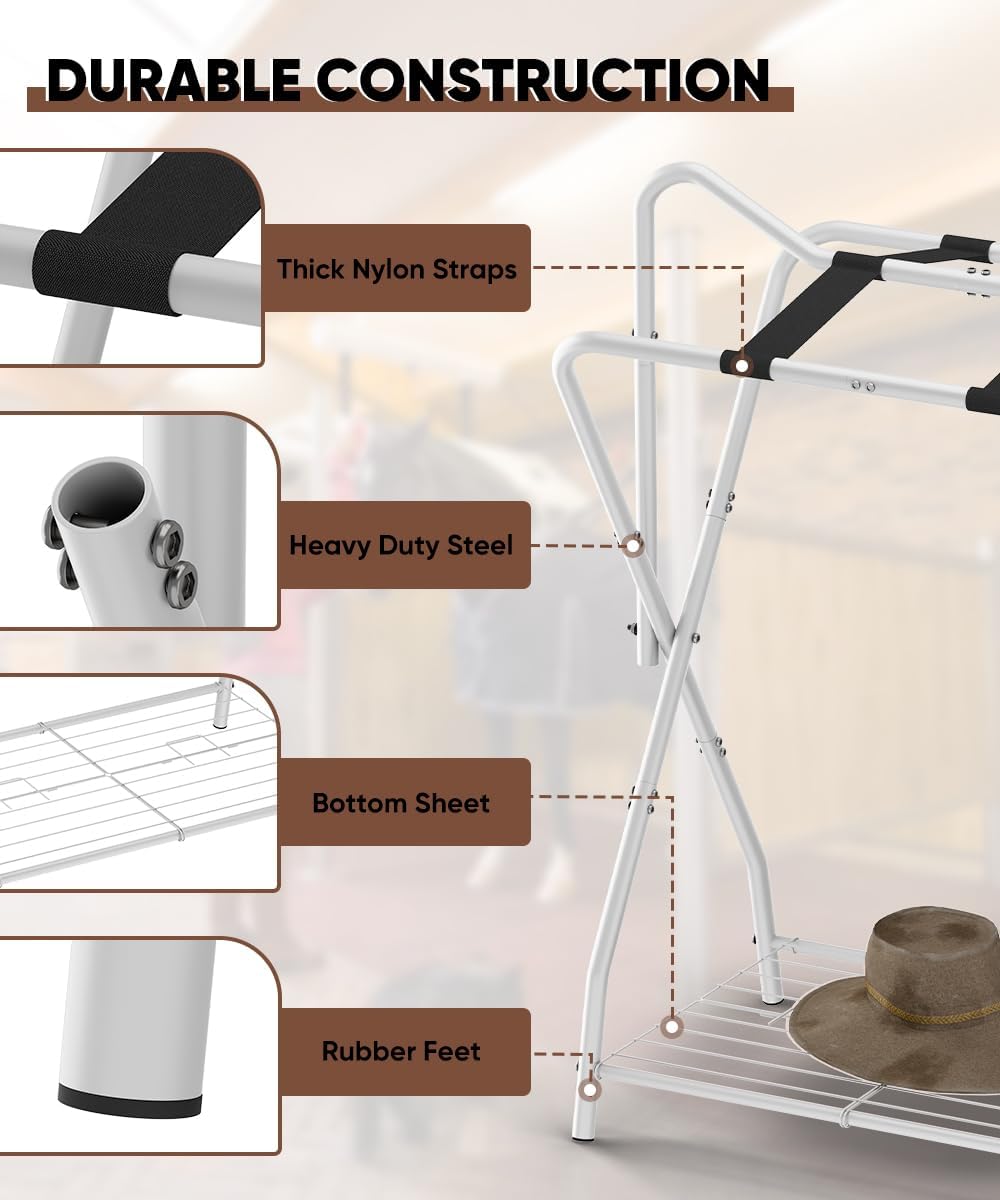 Foldable Saddle Rack with Bottom Storage for Horse Stable, White