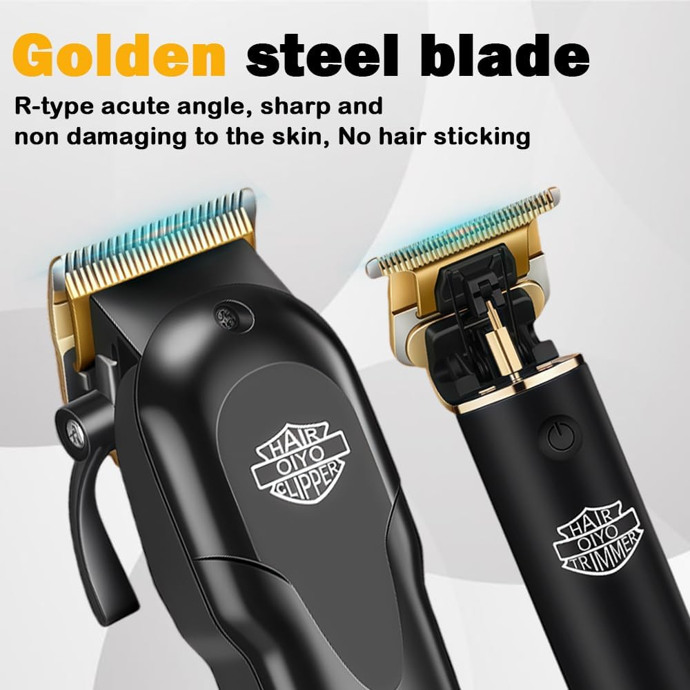 Hair Clippers for Men, Cordless Professional Beard Trimmer Set | Golden Stainless Steel Blades, 14 Guide