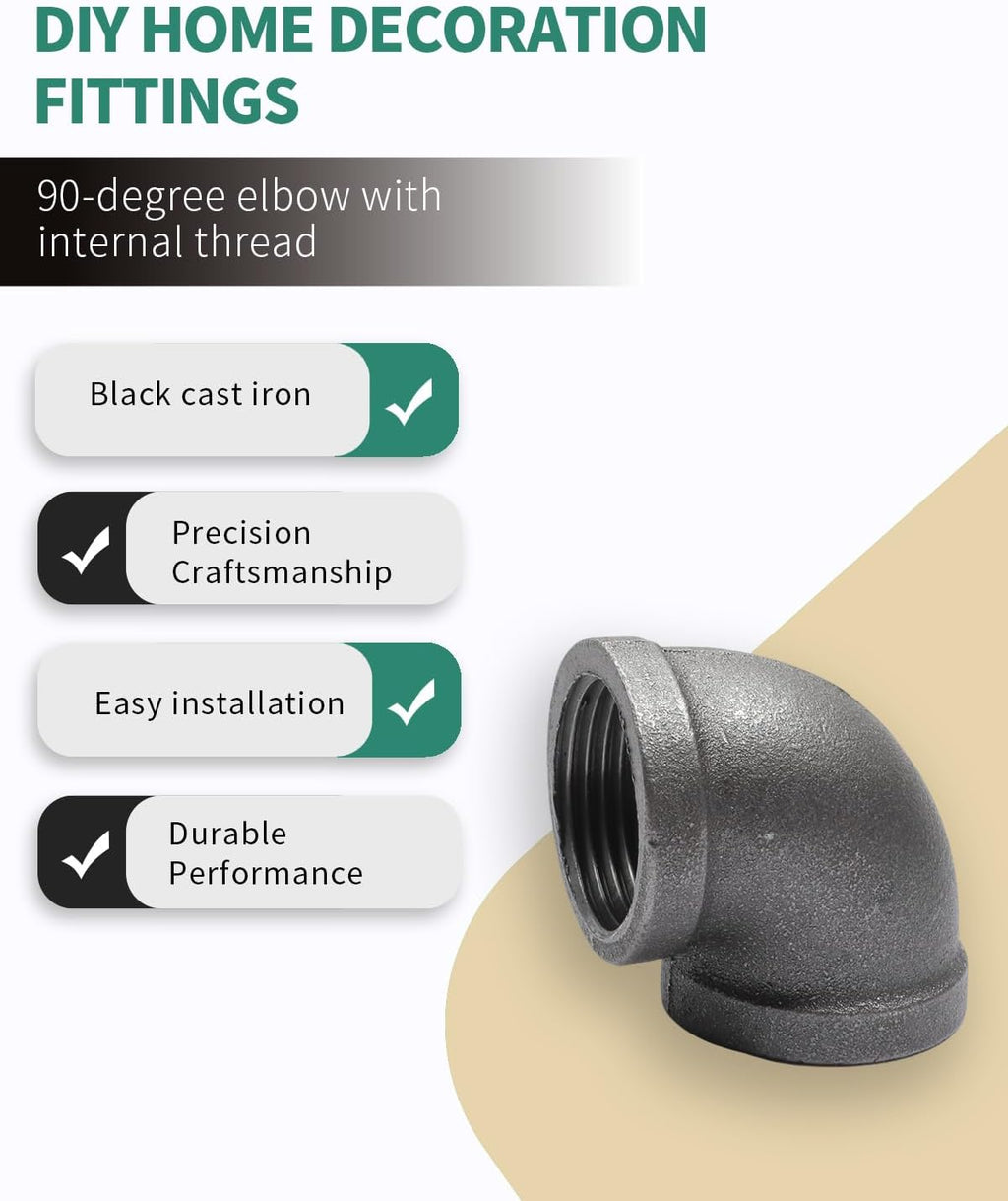 Black Cast Iron 90 Degree Elbow, Female Pipe Fitting, 3/4 Inch Size, for Industrial DIY Furniture & Shelving (4 Pack)