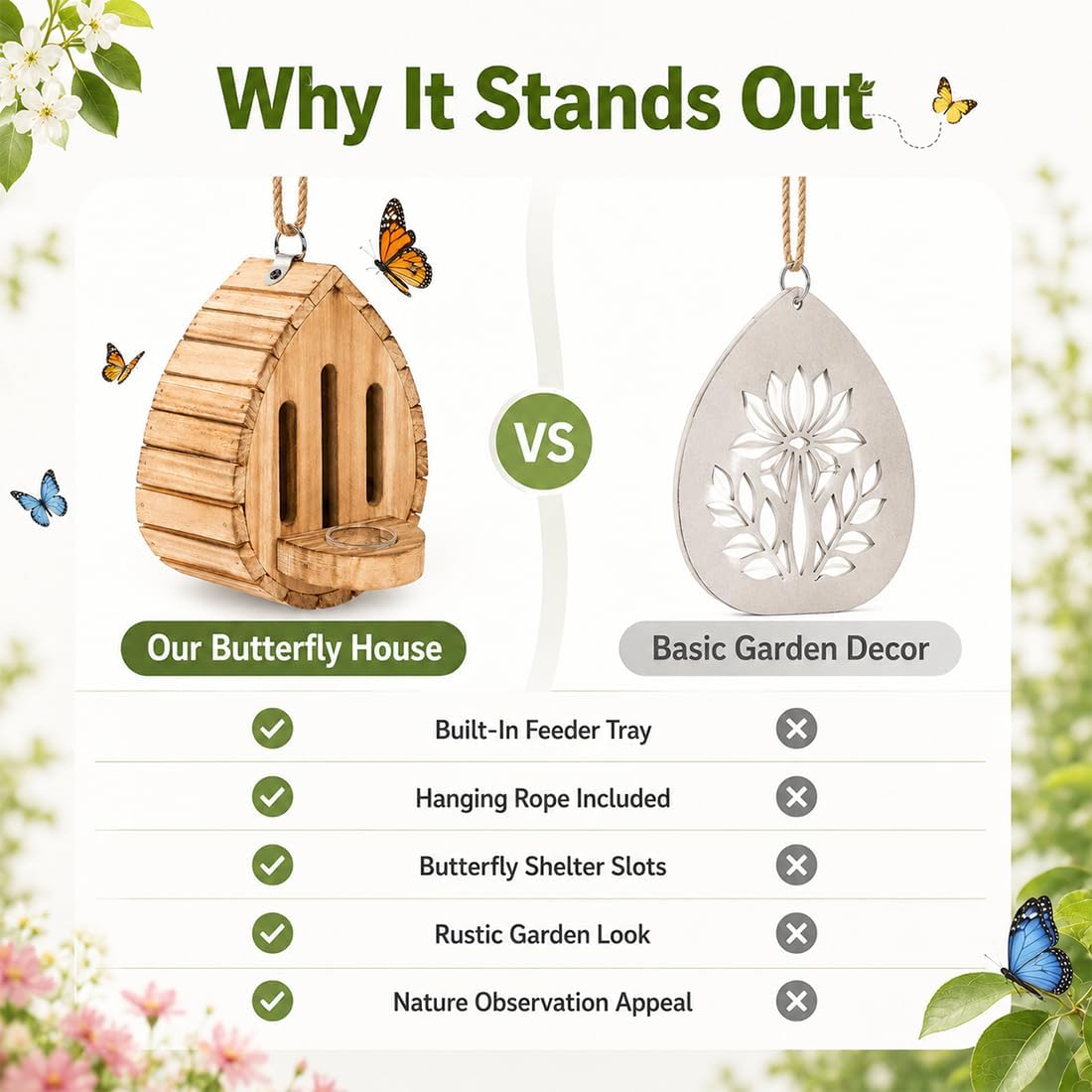 Butterfly House Wooden Shelter for Garden, Hanging Habitat Box (Wood)
