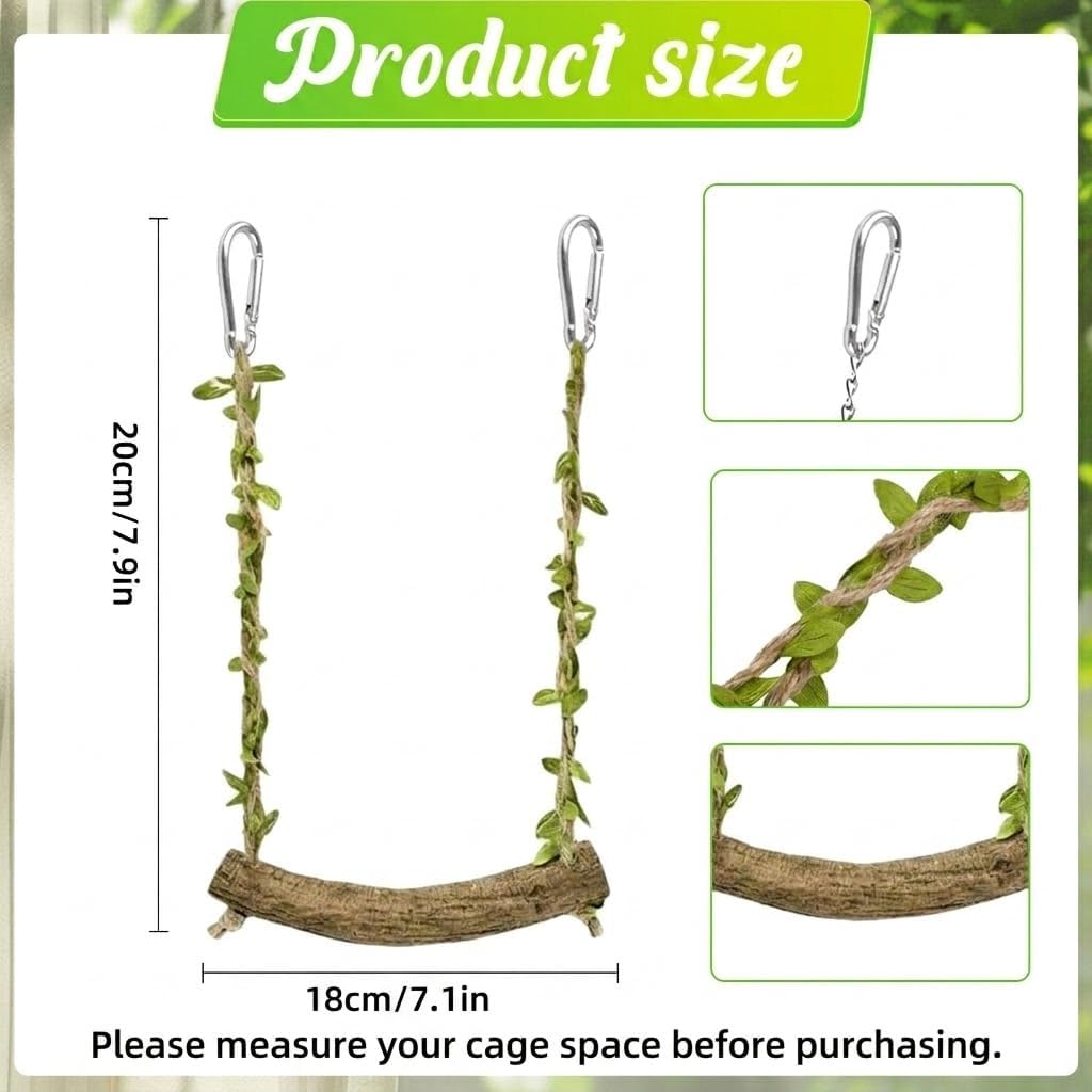 Natural Wood Bird Swing Perch with Decorative Leaves - 7.1" Durable Bird Stand Platform Toy for Cage, Hanging Budgie