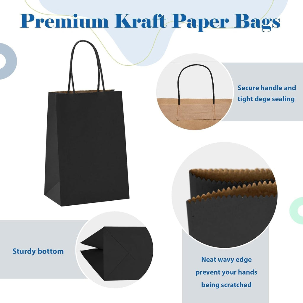 Small Black Paper Gift Bags with Handles, 5.25x3.75x8, 200 Pack Bulk