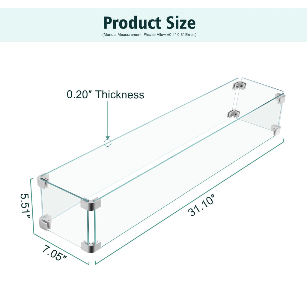 31x7x5.5 Fire Pit Glass Flame Wind Guard,Thick Tempered Glass Rectanglar FirePit Flame Shield with Aluminium
