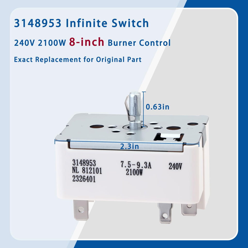 3148953 Infinite Control Switch for Whirlpool 8" Electric Cooktop Burner