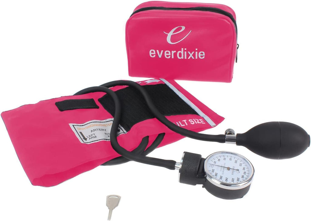 Deluxe Aneroid Sphygmomanometer Blood Pressure Set W/ Adult Cuff, Carrying Case and Calibration Tool - Pink