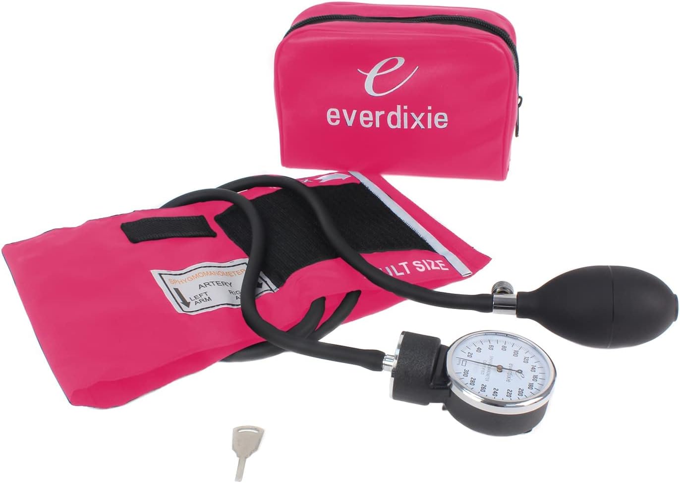 Deluxe Aneroid Sphygmomanometer Blood Pressure Set W/ Adult Cuff, Carrying Case and Calibration Tool - Pink