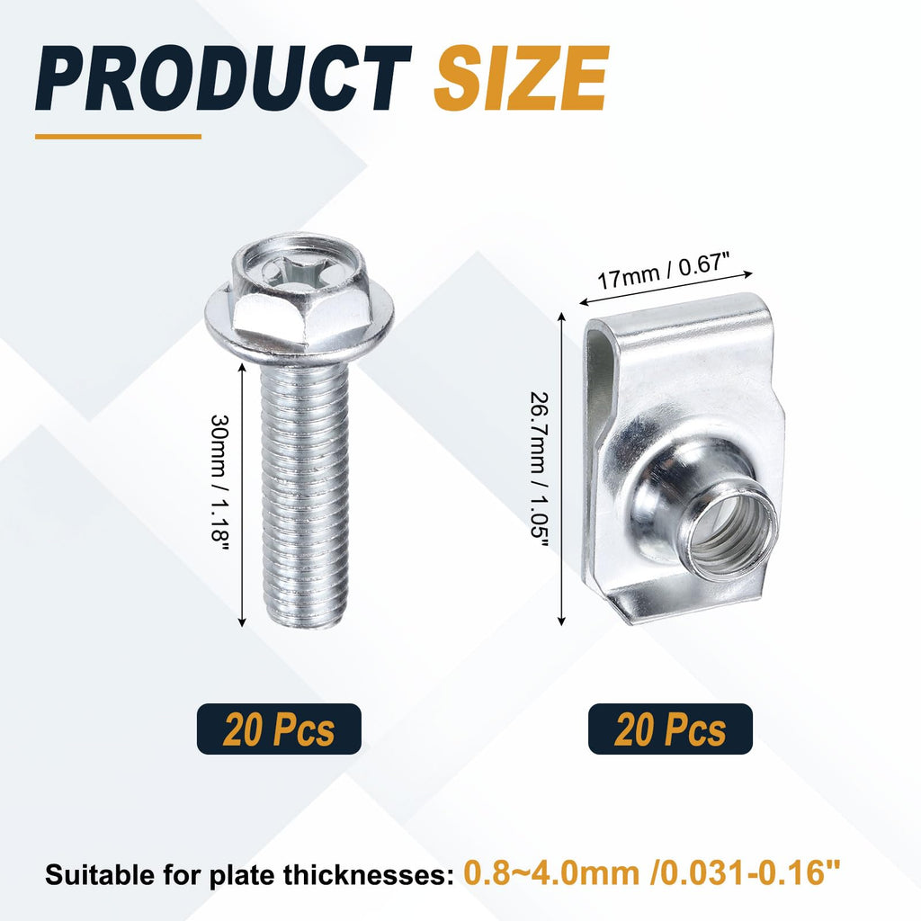 PATIKIL 20Set M8 Body Bolts & U-Nuts Kit Bumper Splash Shield Clips Silver