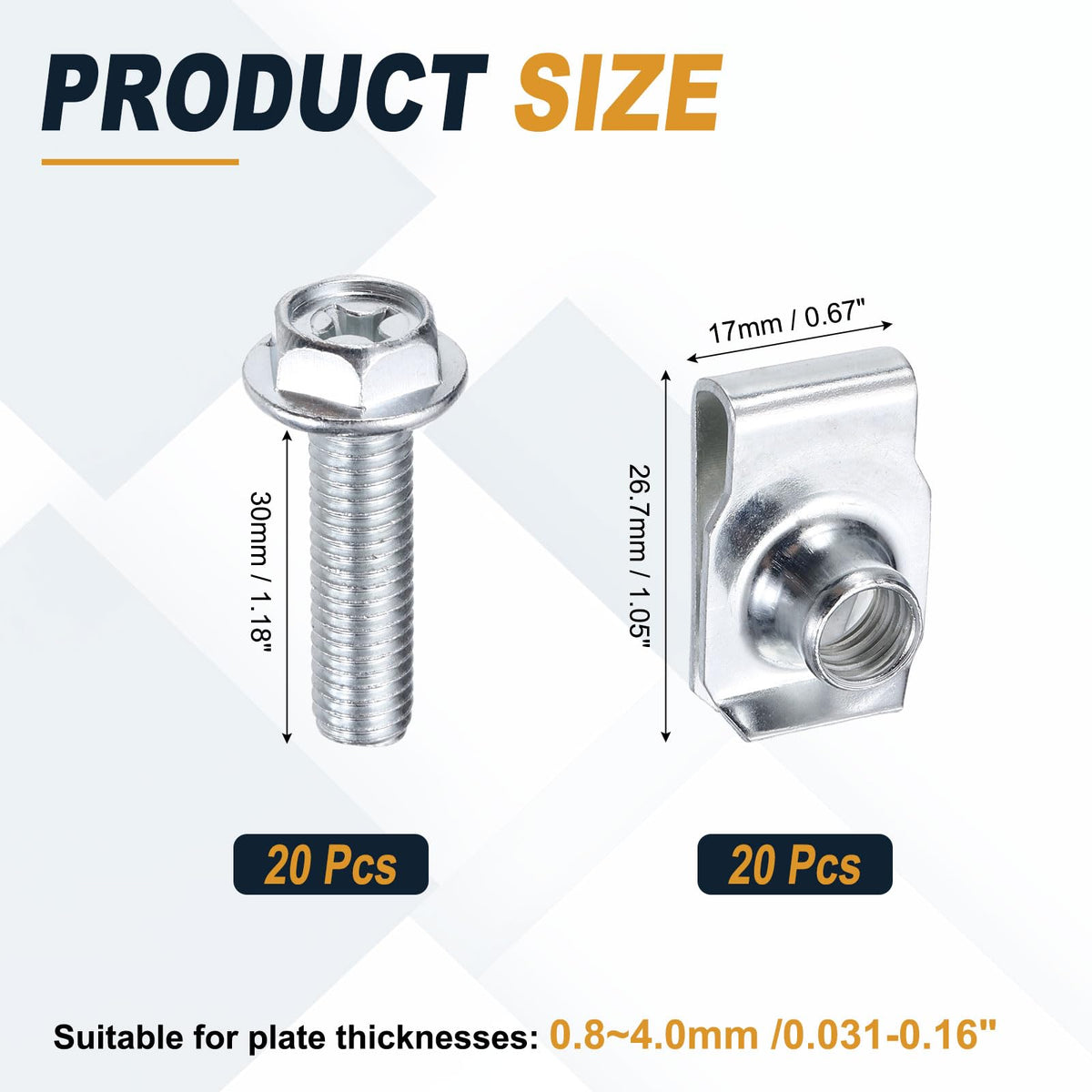 PATIKIL 20Set M8 Body Bolts & U-Nuts Kit Bumper Splash Shield Clips Silver