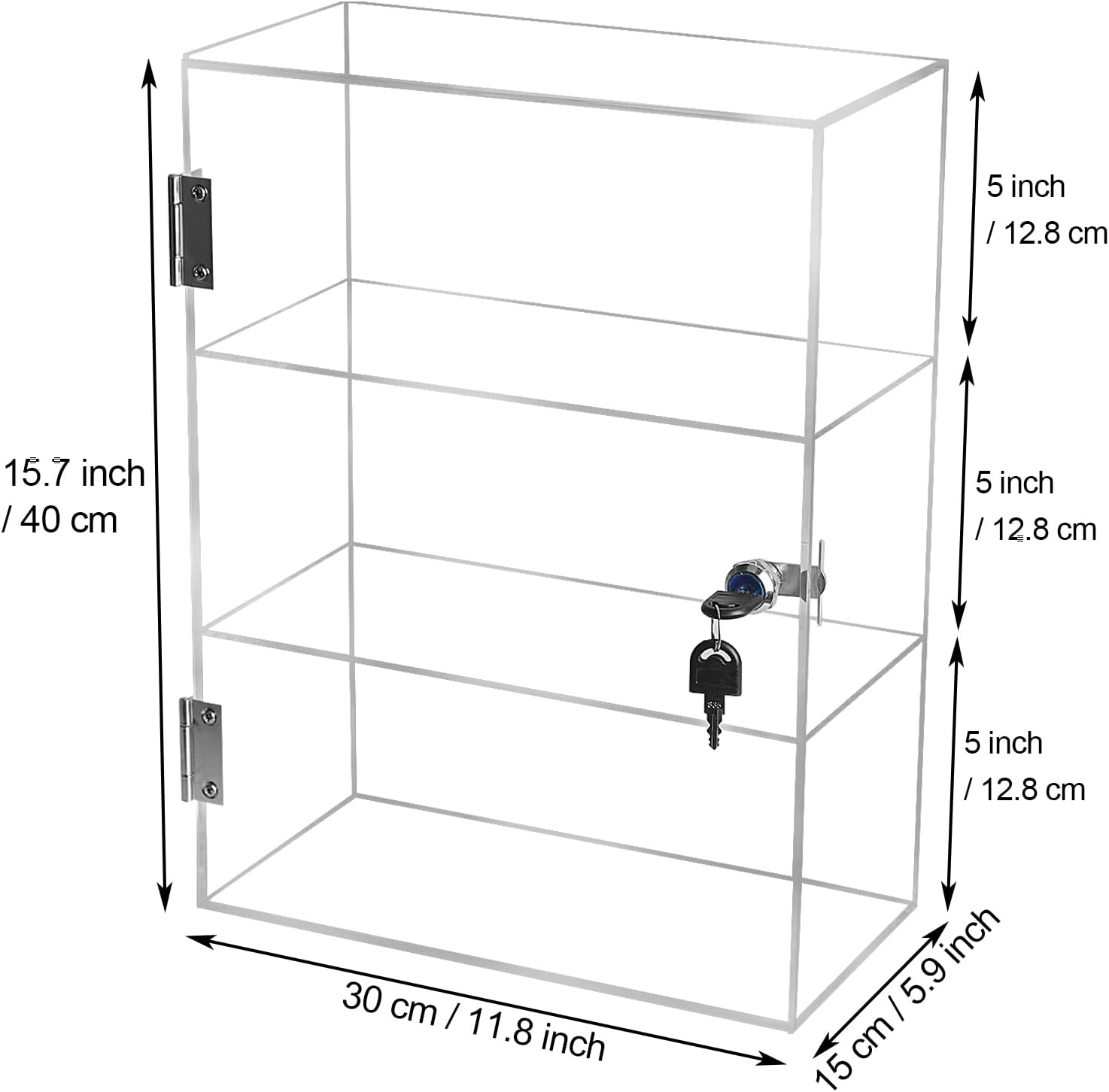 3 Shelf Acrylic Display Case with Lock Key, Clear Locking Display Case Showcase Cabinet with Fixed Shelves - Safe