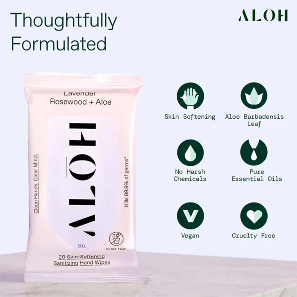 ALŌH Lavender Rosewood + Aloe Hand Sanitizer Wipes, Travel Size | Clean Hands, Clear Mind, On The Go for Kids and