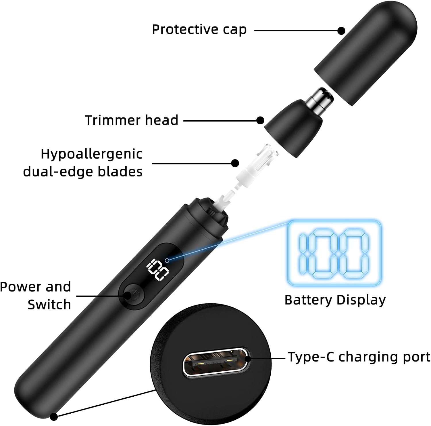 Nose Hair Trimmer, Rechargeable Cordless Painless Ear Eyebrow Trimming Tool Dual Edge Blades Razor Easy Cleansing