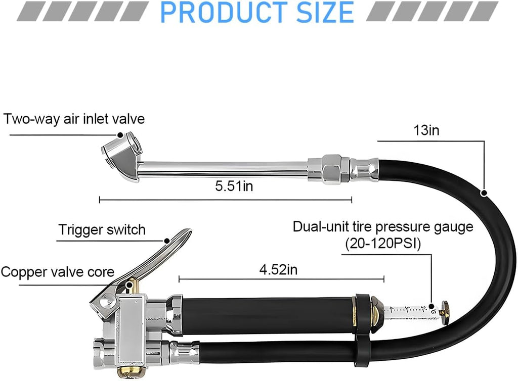 17PCS 0-200 PSI Tire Inflator Gauge, 1/4 Inch NPT, Black