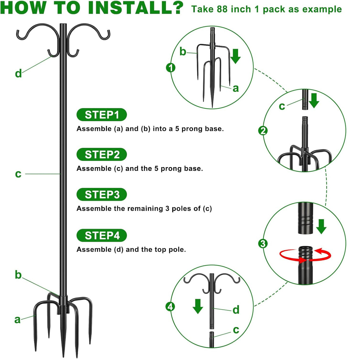 88inch Double Shepherd Hook for Outdoor, 1” Bird Feeder Pole,2Pack
