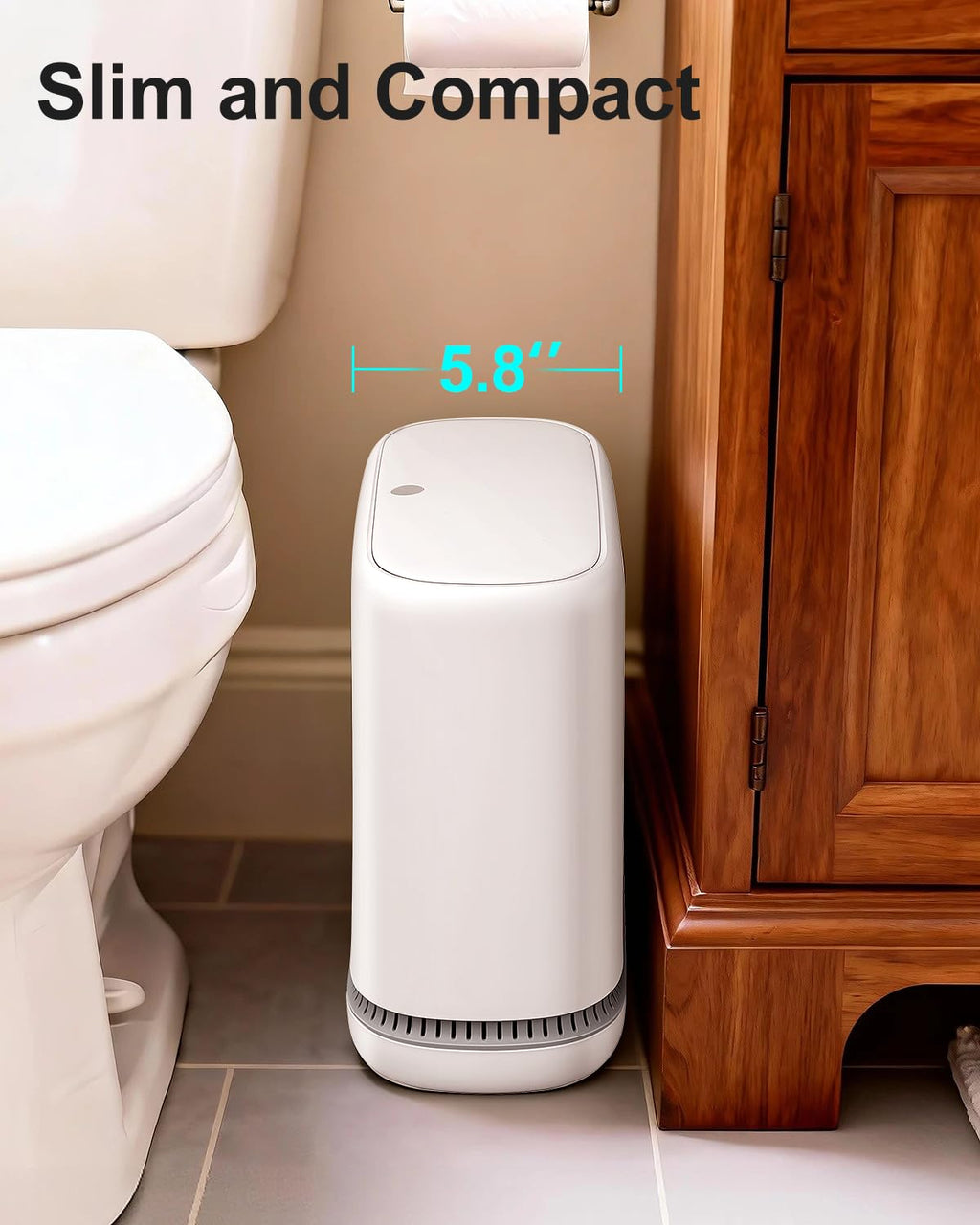 2.3 Gallon Slim Small Bathroom Trash Can with Lid, White Dog Proof Garbage Can with Air-Press Bag Expander &