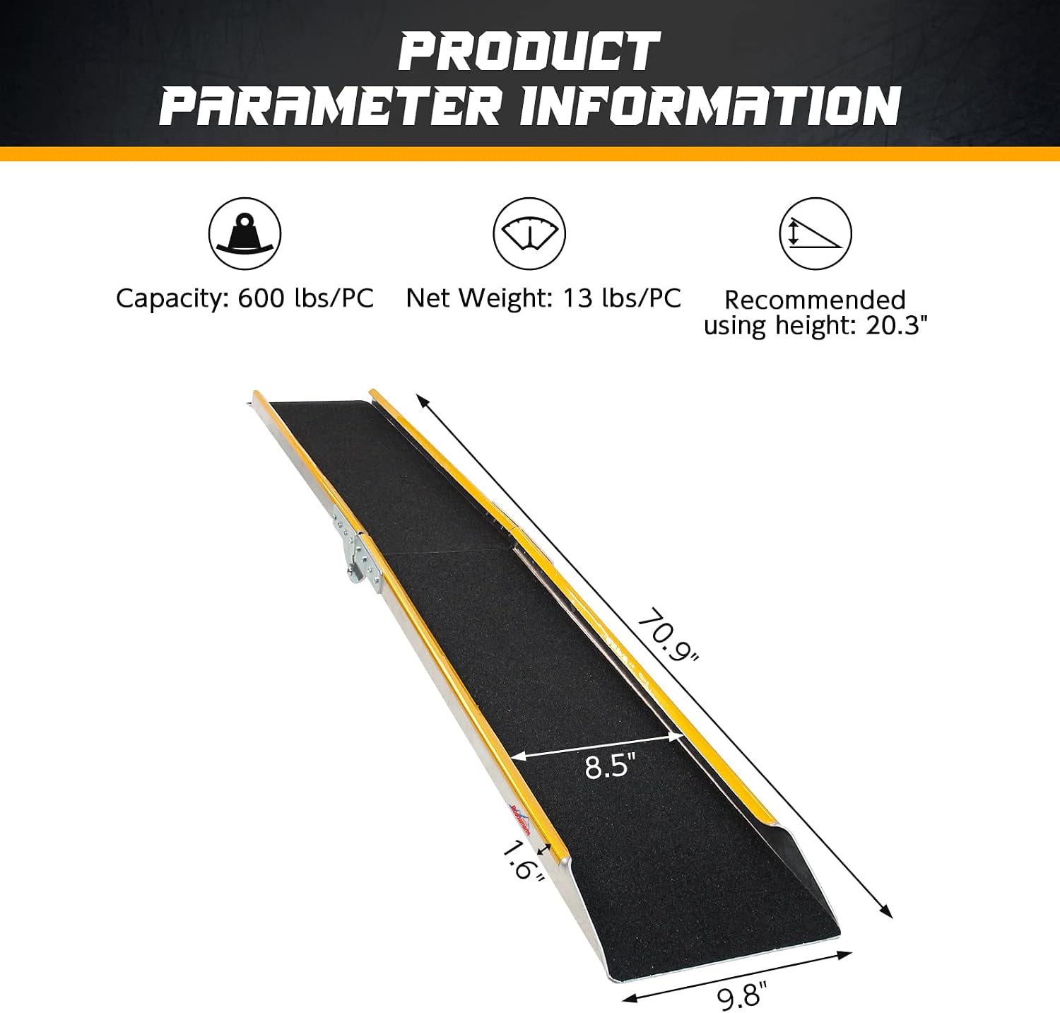 71" Aluminum Loading Ramps for Pickup Trucks, 600Lbs Capacity | Folding Motorcycle Ramp, ATV Truck Ramps for Dirt