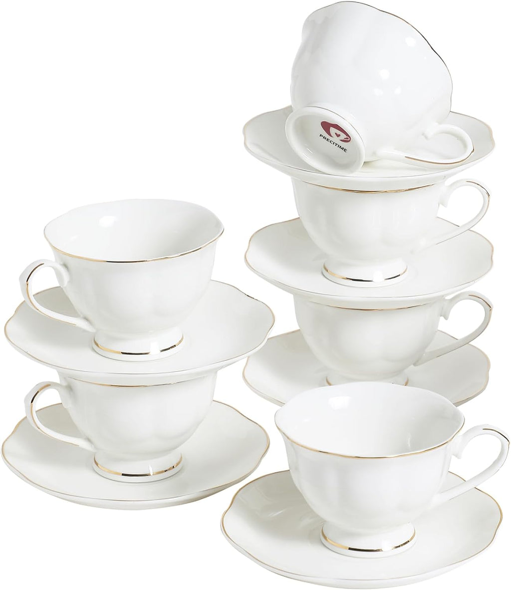 6oz Porcelain Tea Cup & Saucer Set of 6, White with Gold, Party