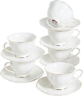6oz Porcelain Tea Cup & Saucer Set of 6, White with Gold, Party