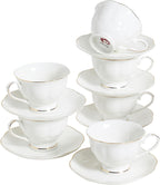 6oz Porcelain Tea Cup & Saucer Set of 6, White with Gold, Party