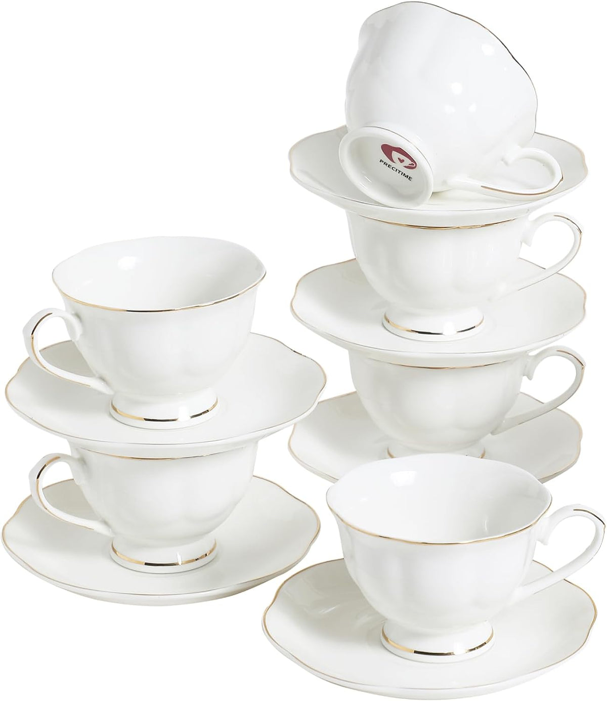 6oz Porcelain Tea Cup & Saucer Set of 6, White with Gold, Party