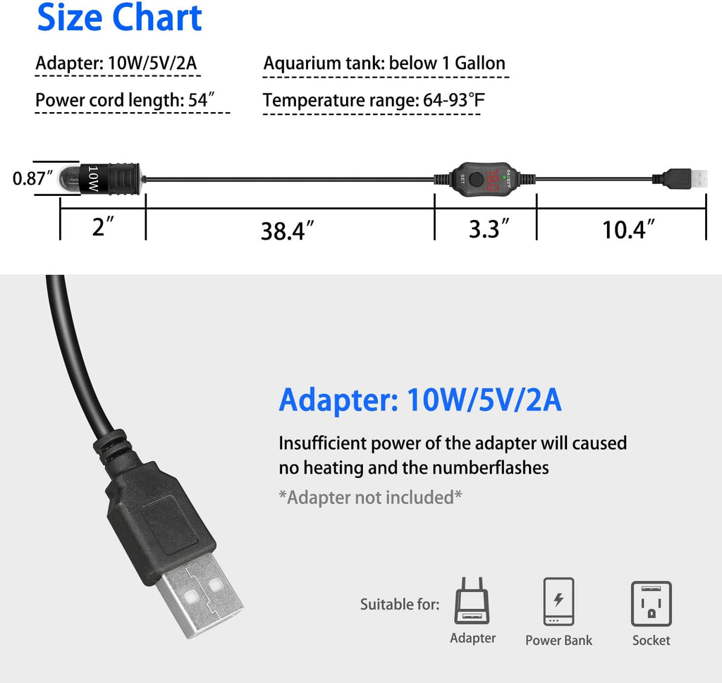 Mini Aquarium Heater 5V/2A USB 10W Small Fish Tank Heater for Tanks 1 Gal