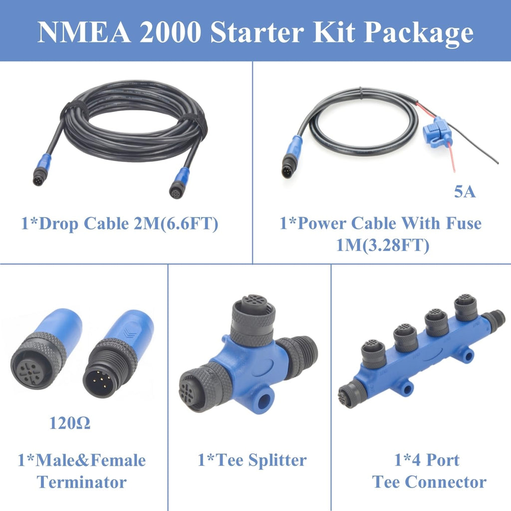 NMEA 2000 N2K Starter Kit Marine Grade Backbone Drop Cable T Connector 4 Port Tees Terminators Power Cable with Fuse for Lowrance Simrad B&G Navico Garmin Networks (Kit 2)