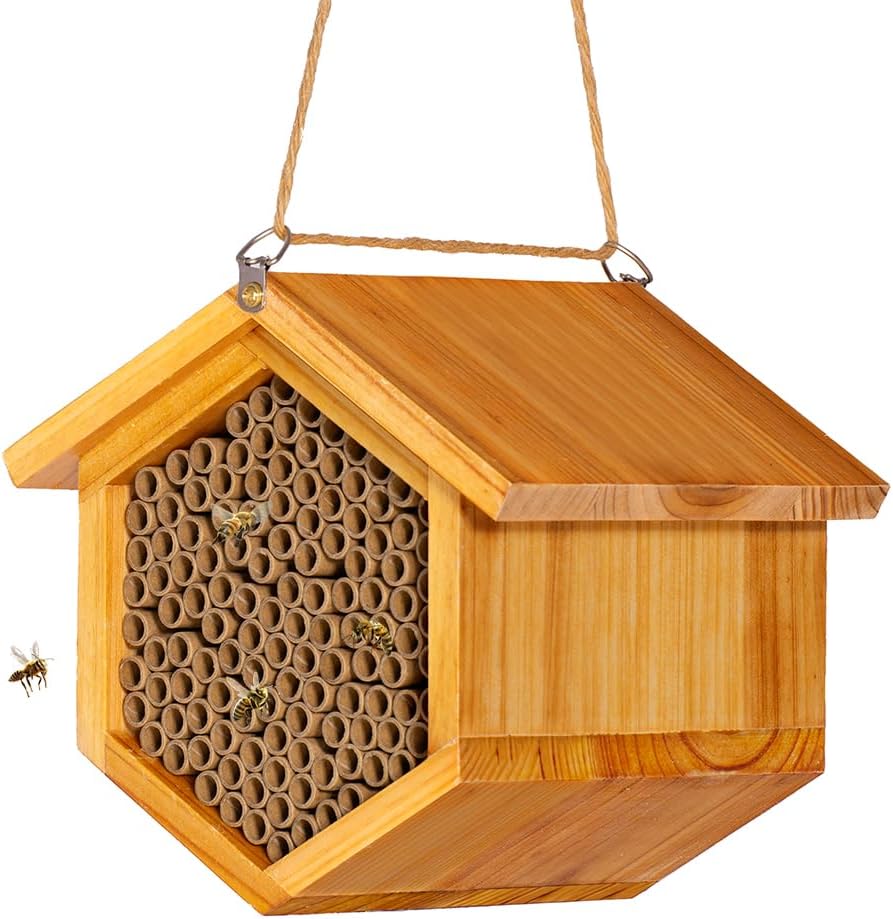Mason Bee House Wax Coated Bee Hotel, Pollinator House,Natural Handmade Wooden Mason Bee Hotel for Pollinating Bees